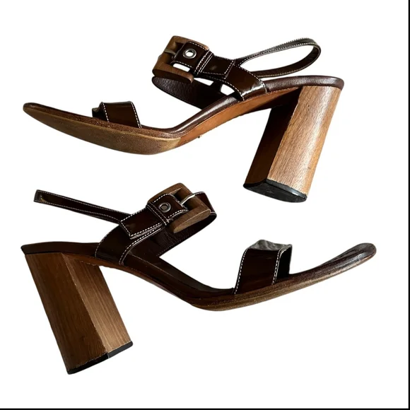 Women's Prada Brown Patent Leather Wood Heel Sandals Size 9 - Picture 6 of 11